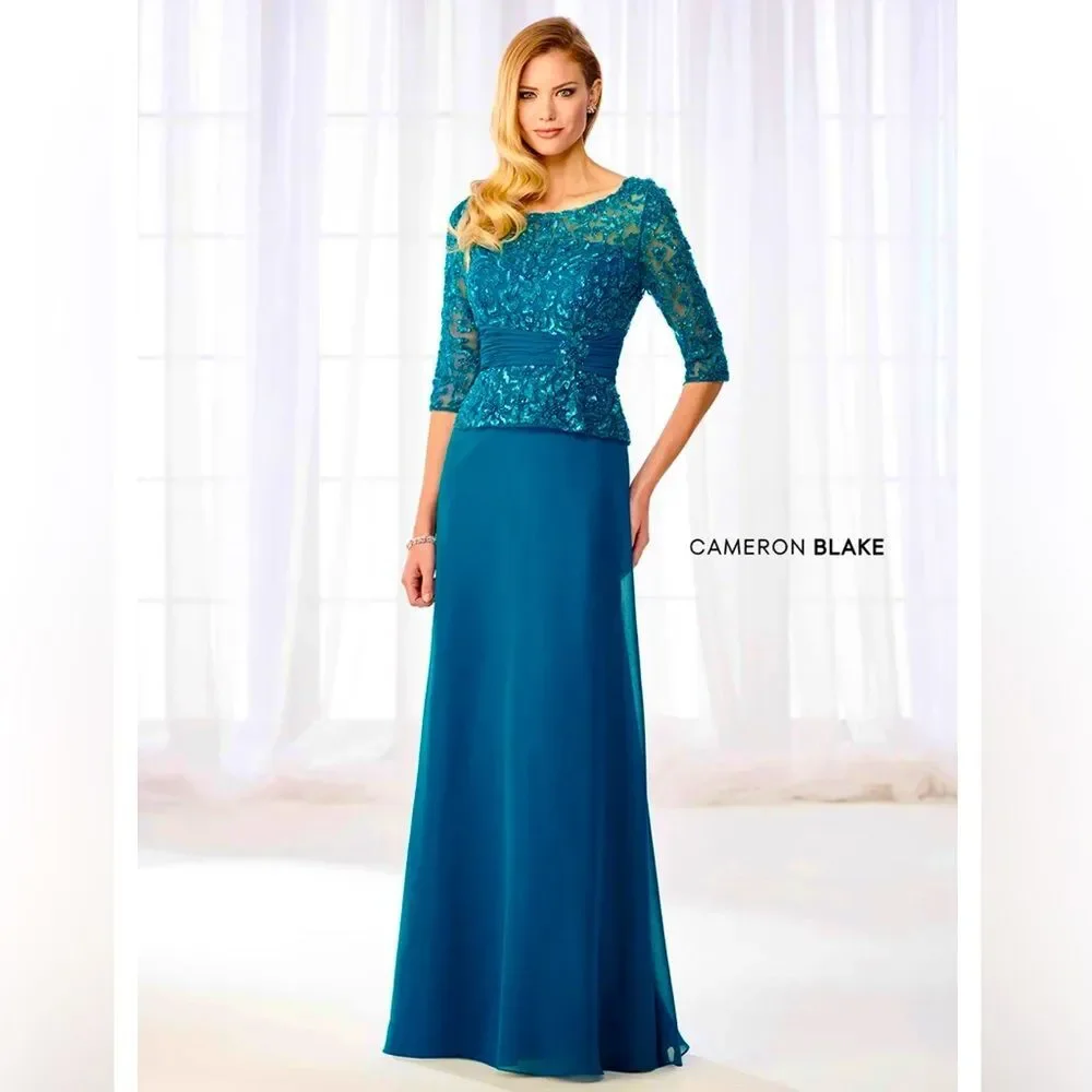 Cameron Blake by Mon Cheri Gown Dress Teal Beaded Sequins MOB Formal NWT 8